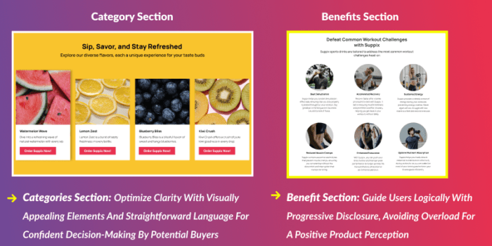 Product landing page ideas category and benefits section example graphic