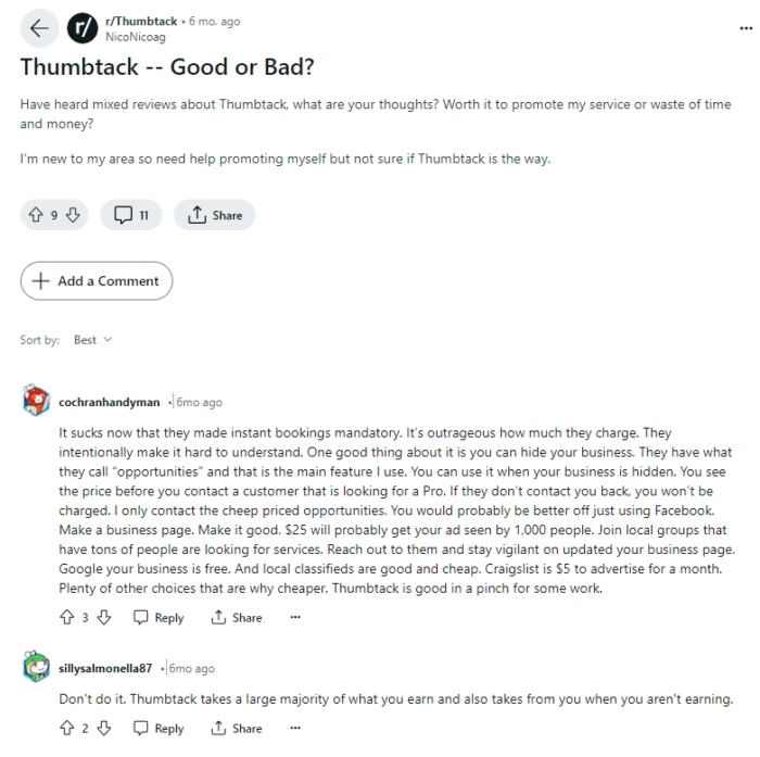reddit thread showing reviews of thumbtack 