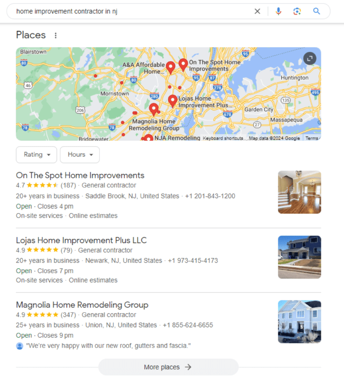 The search results have a Google-3 pack, showcasing the top three local businesses related to the query.
